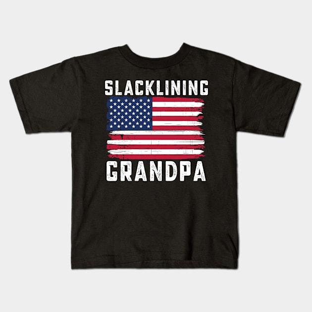 Slacklining Grandpa American Flag July 4th Kids T-Shirt by qwertydesigns